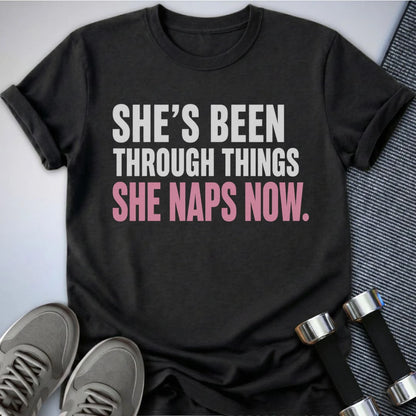 Printify T-Shirt S / Dark Grey Heather She Naps Now T-Shirt