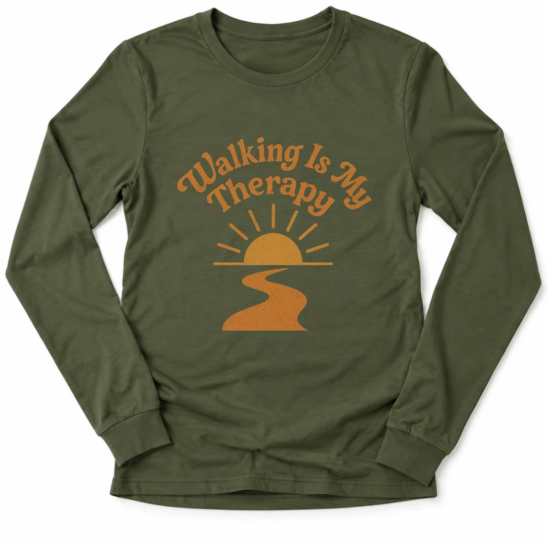 Printify Long-sleeve Military Green / M Walking Is Therapy Long Sleeve
