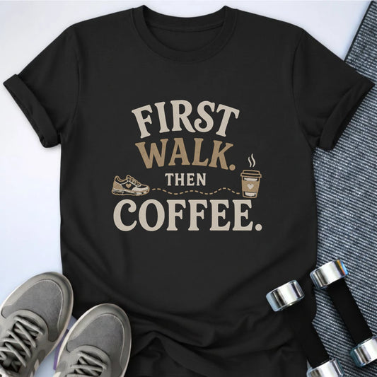 Printify T-Shirt S / Black Walk Then Coffee T-Shirt