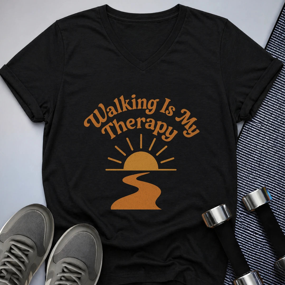Printify V-neck S / Black Walking Is Therapy V-Neck Tee