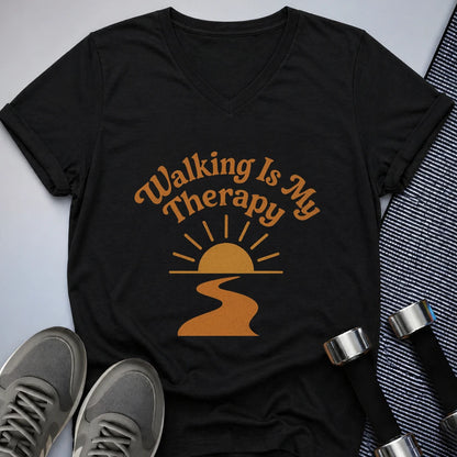 Printify V-neck S / Black Walking Is Therapy V-Neck Tee