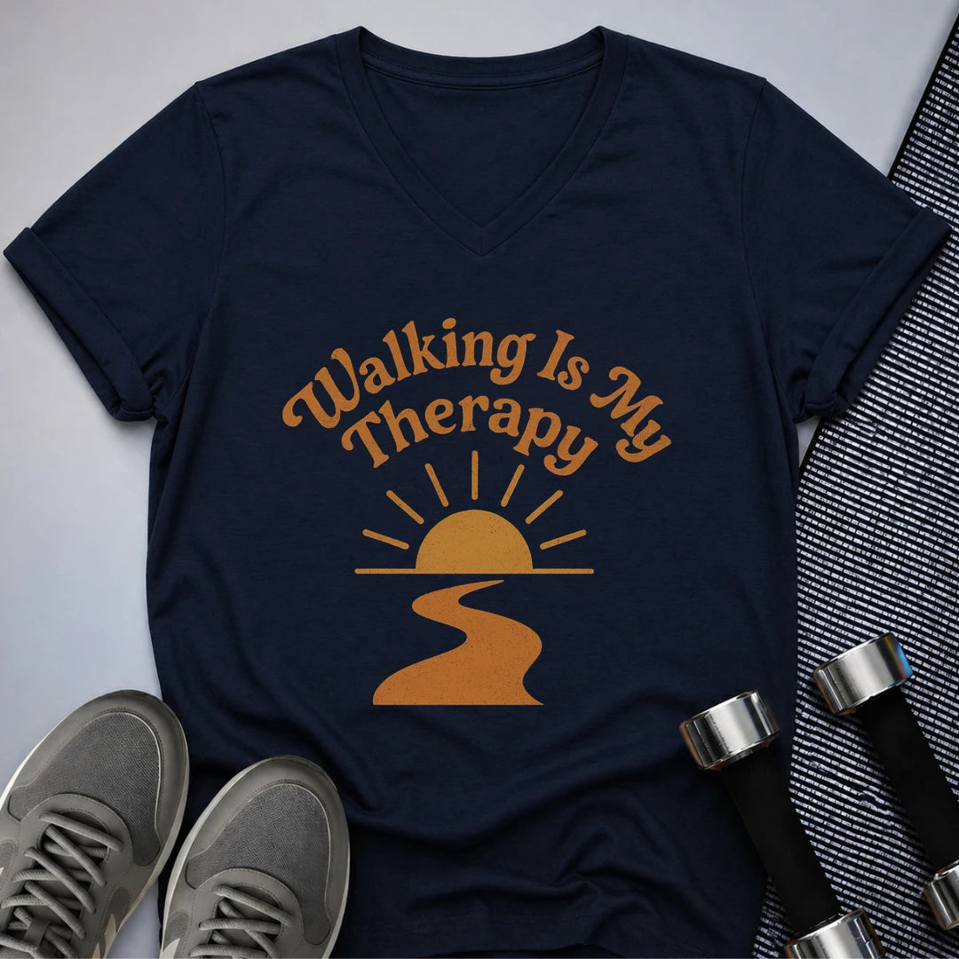 Printify V-neck S / Navy Walking Is Therapy V-Neck Tee